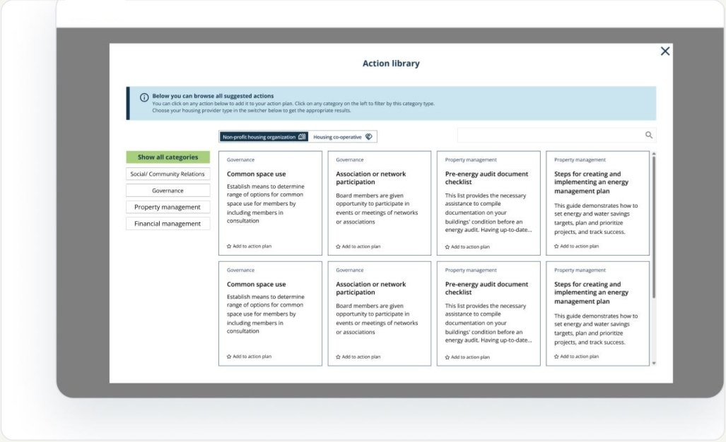Modal Action library z kartami proponowanych działań