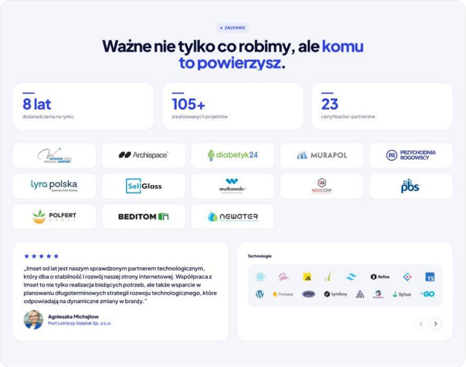 Sekcja zaufania: liczby, logotypy klientów, opinia i technologie